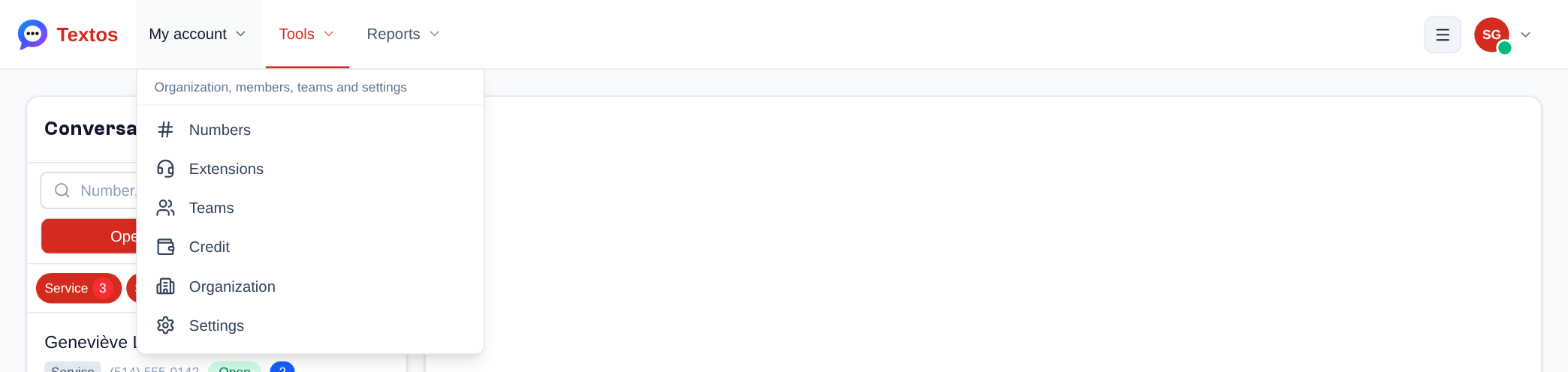 The top menu: the My account, Tools, Reports and Administration columns (here, My account open), the ☰ menu and the menu of your initials on the right.