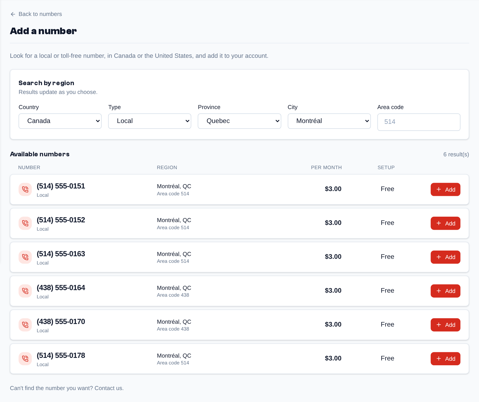 Add a number: country, type, province, city or area code, then the numbers offered with their price per month and their setup fee.