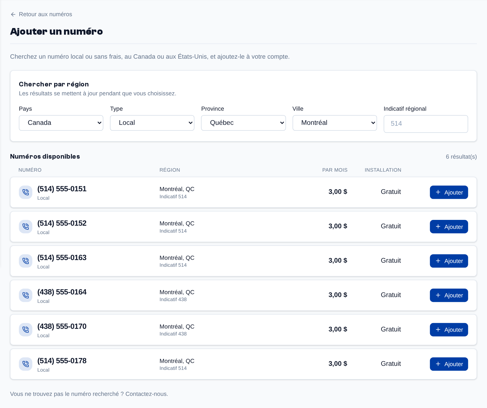 Ajouter un numéro : pays, type, province, ville ou indicatif, puis les numéros offerts avec leur prix par mois et leurs frais d'installation.