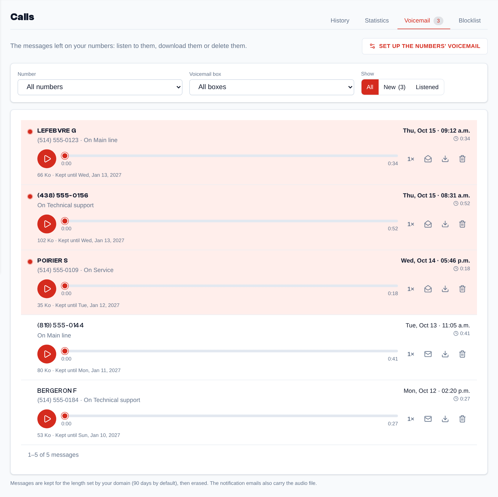 The voicemail: the messages of the numbers and the boxes, new or listened, with the player.