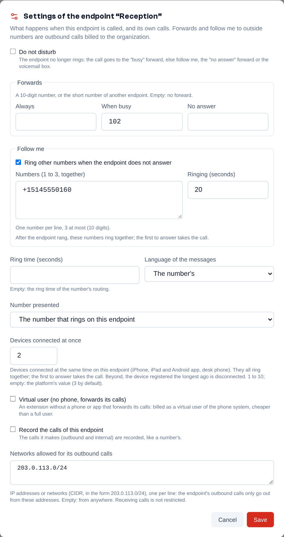 An extension's settings: do not disturb, forwards, follow me and, for the admin, ring time, language, number presented, virtual user, recording and allowed networks.