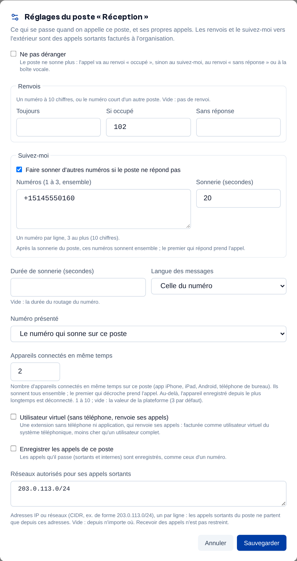 Les réglages d'un poste : ne pas déranger, renvois, suivez-moi et, pour l'admin, sonnerie, langue, numéro présenté, utilisateur virtuel, enregistrement et réseaux autorisés.