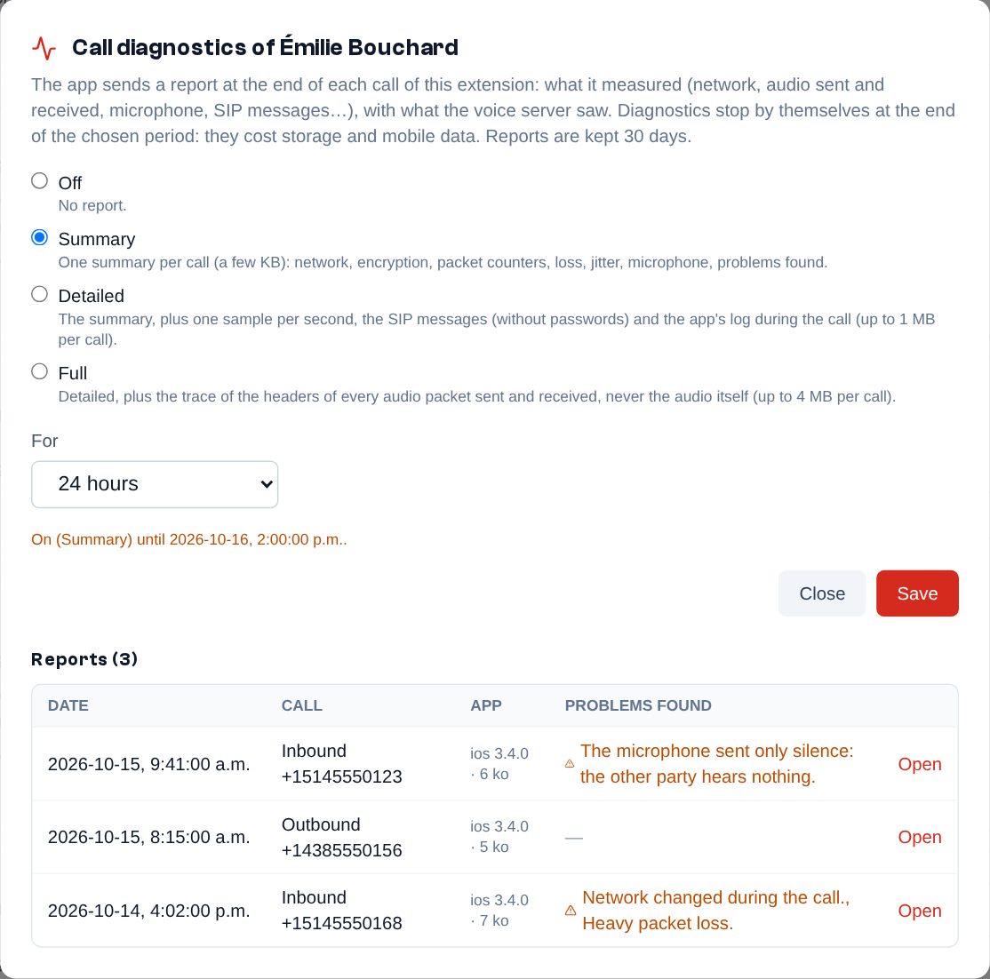 An extension's Diagnostics window: the level, the duration, then the reports received with the problems found.