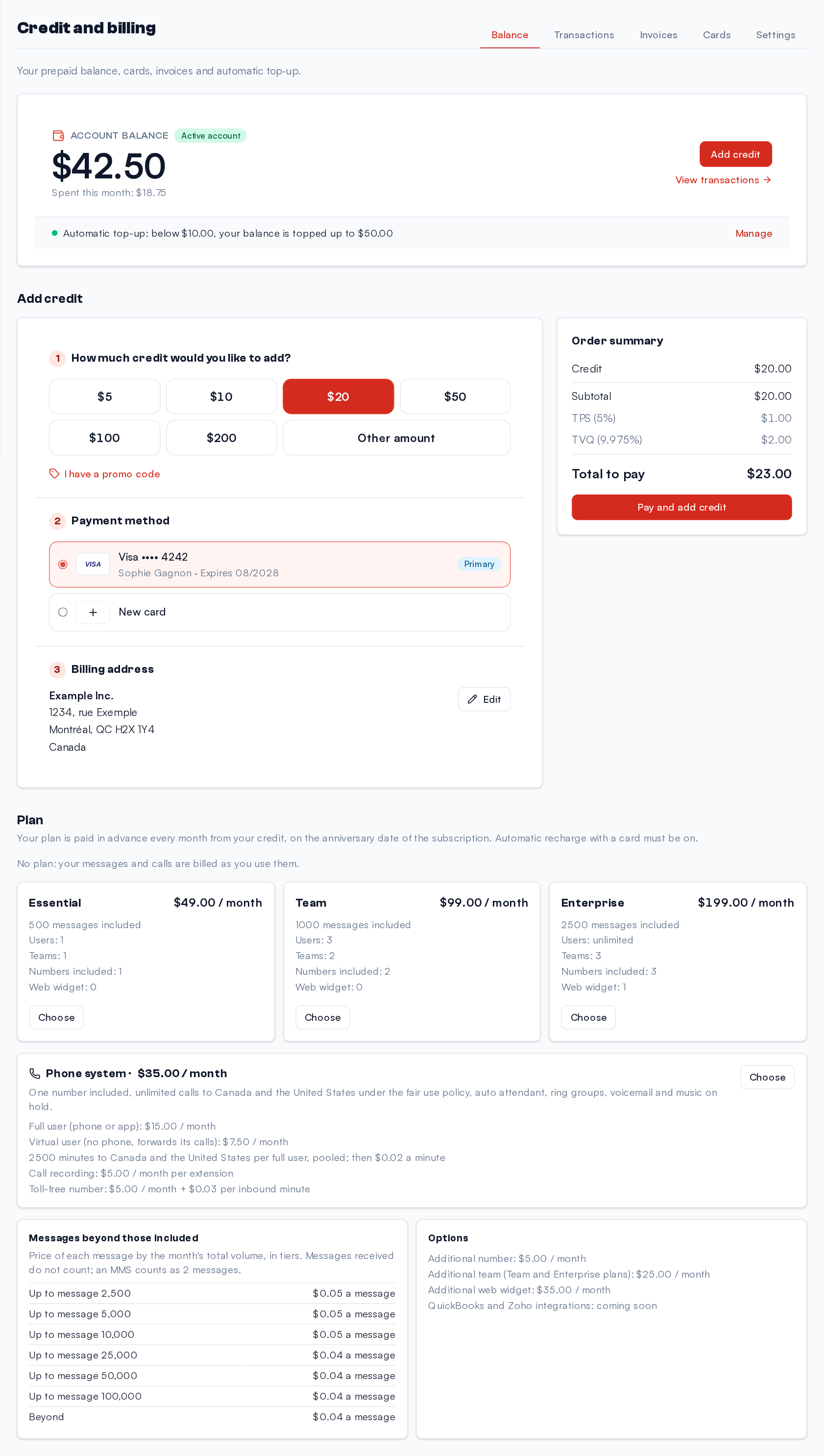 Credit and billing, Balance tab: the account balance, what was spent this month and the automatic top-up, then the top-up by card.