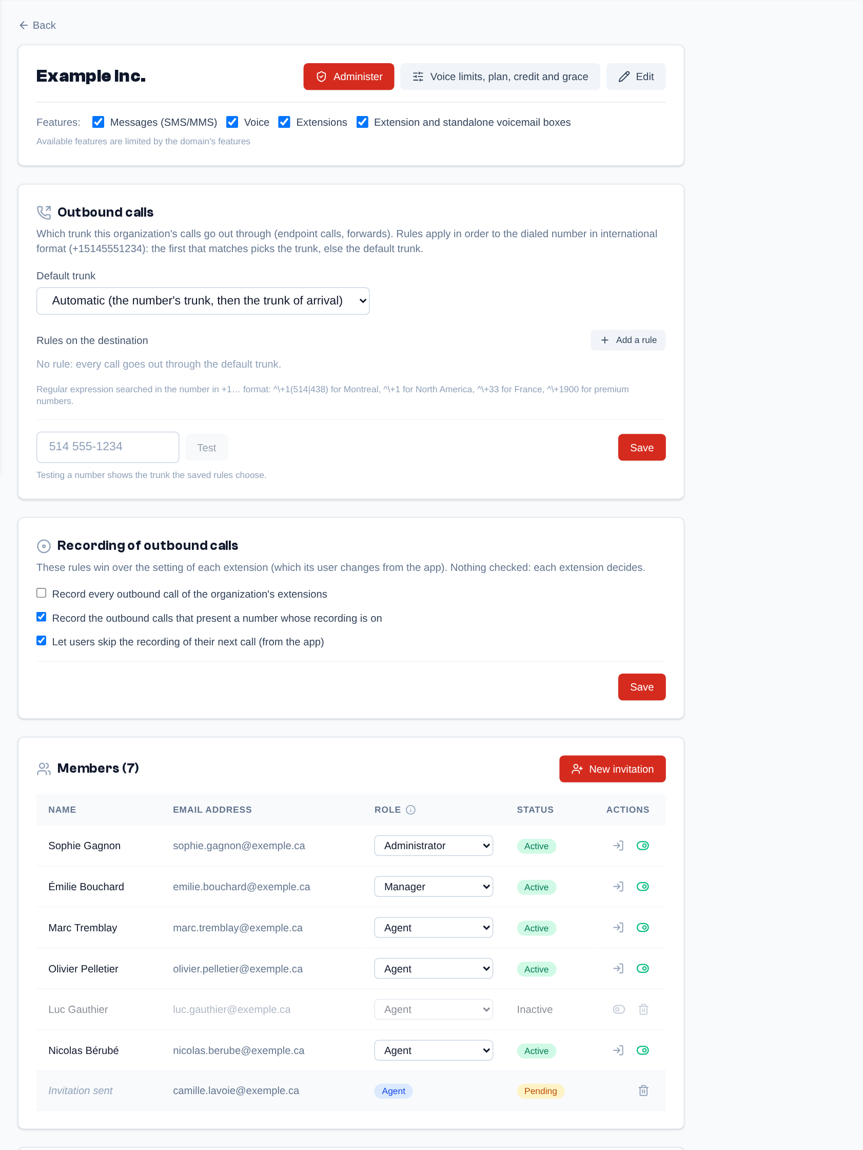 An organization's page: "Administer", "Voice limits, plan, credit and grace" and "Edit" at the top, then its features, its outbound calls, the recording of outbound calls and its members.