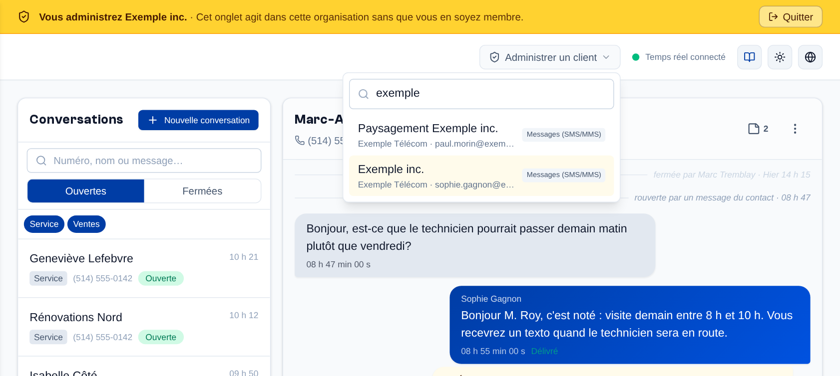 Le mode « Administrer » : le bandeau ambre « Vous administrez … » avec « Quitter », et le menu « Administrer un client » de l'en-tête ouvert sur une recherche.