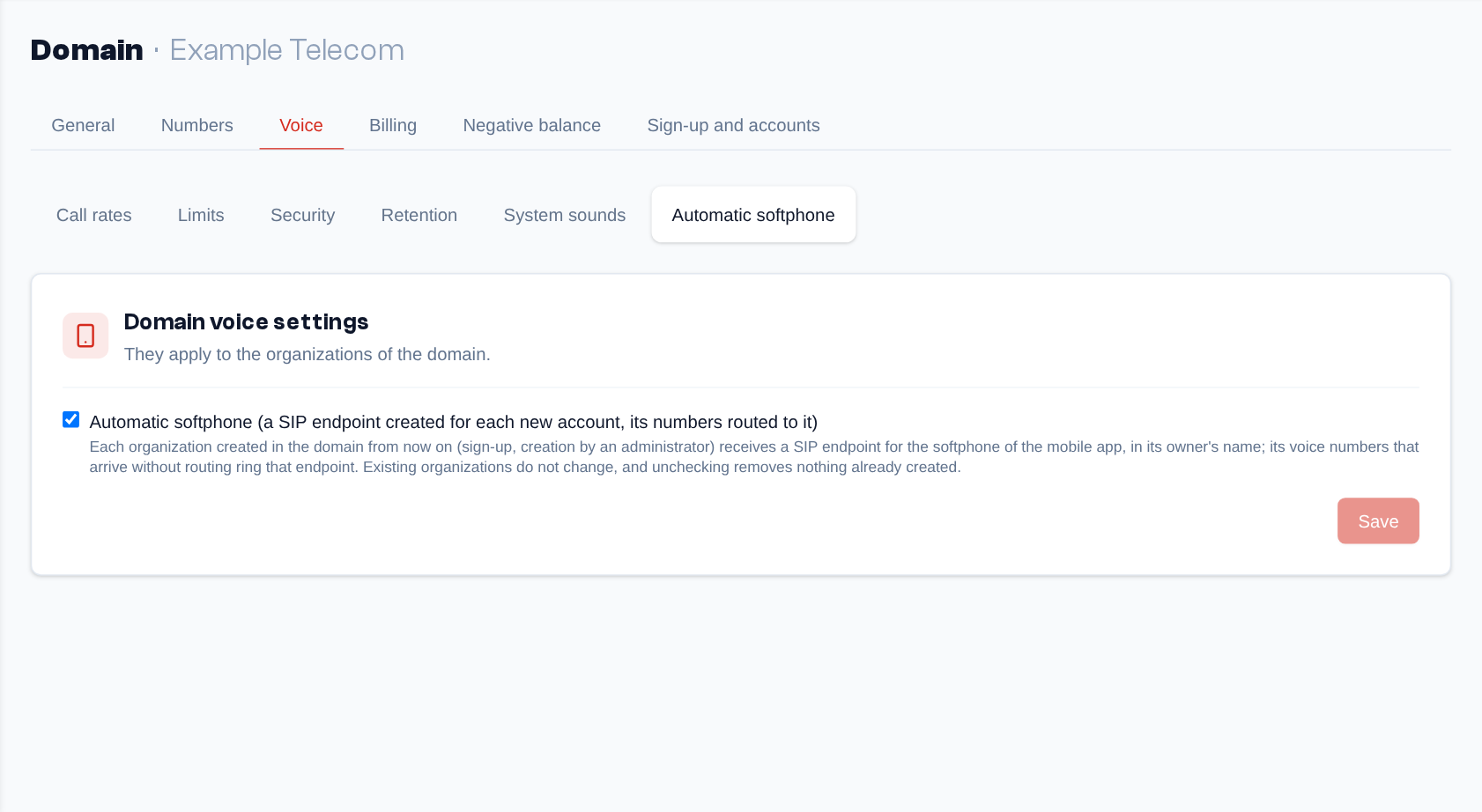 Domain page, Voice tab: the Call rates, Limits, Security, Retention, System sounds and Automatic softphone sub-tabs.