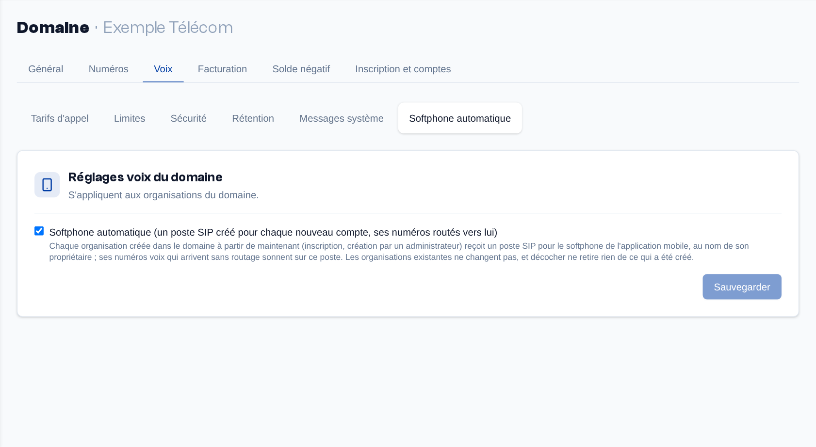 Page Domaine, onglet Voix : les sous-onglets Tarifs d'appel, Limites, Sécurité, Rétention, Messages système et Softphone automatique.