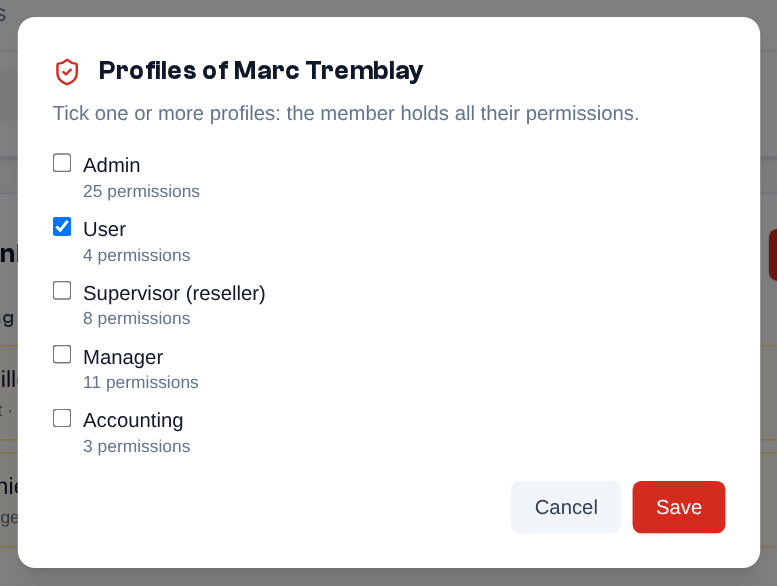A member's shield opens their profiles: tick one or more.