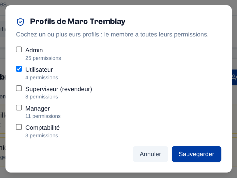 Le bouclier d'un membre ouvre ses profils : cochez-en un ou plusieurs.