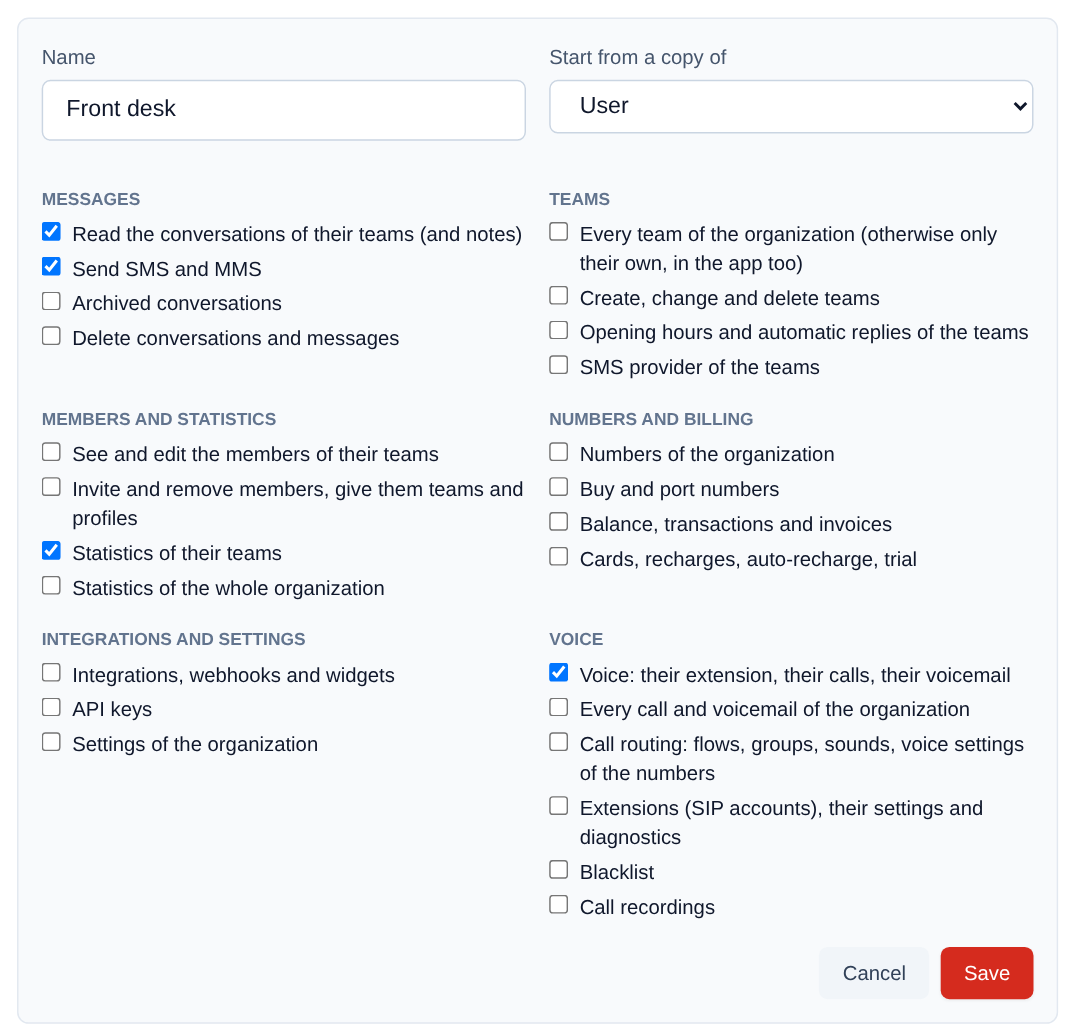 "New profile": a name, "Start from a copy of", then the permissions to tick, by theme.