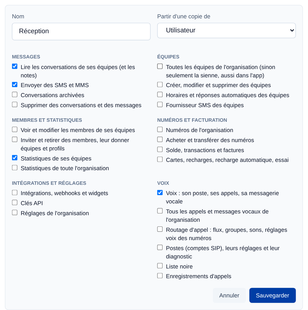 « Nouveau profil » : un nom, « Partir d'une copie de », puis les permissions à cocher, par thème.