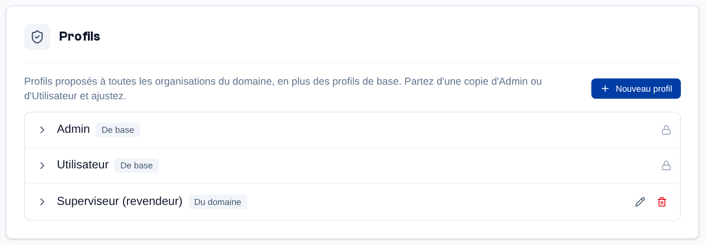 Page Domaine, section Profils : les profils que le revendeur propose à toutes ses organisations.