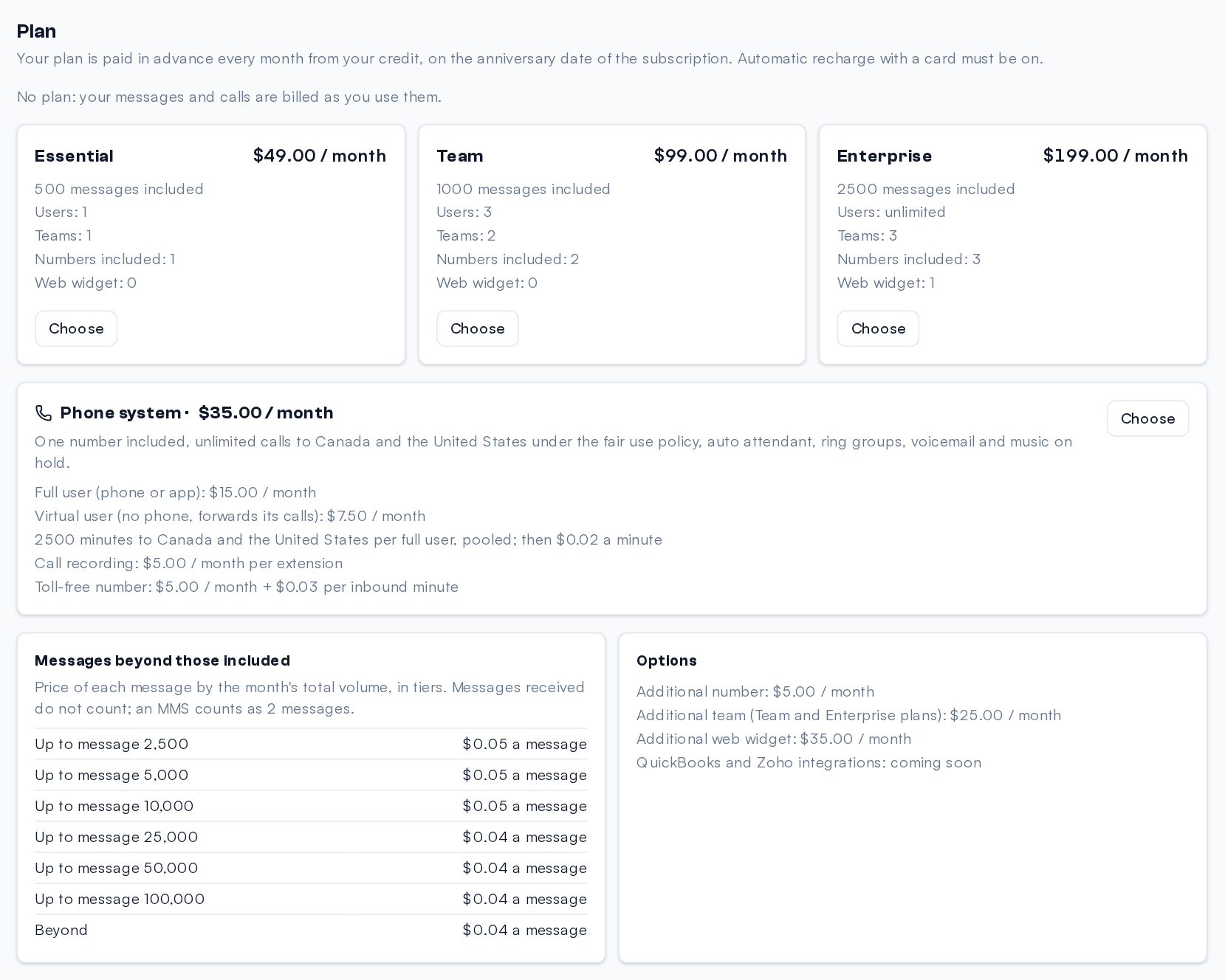 The Plan section without a subscription: the three messaging plans, the phone system, the grid of extra messages and the options.