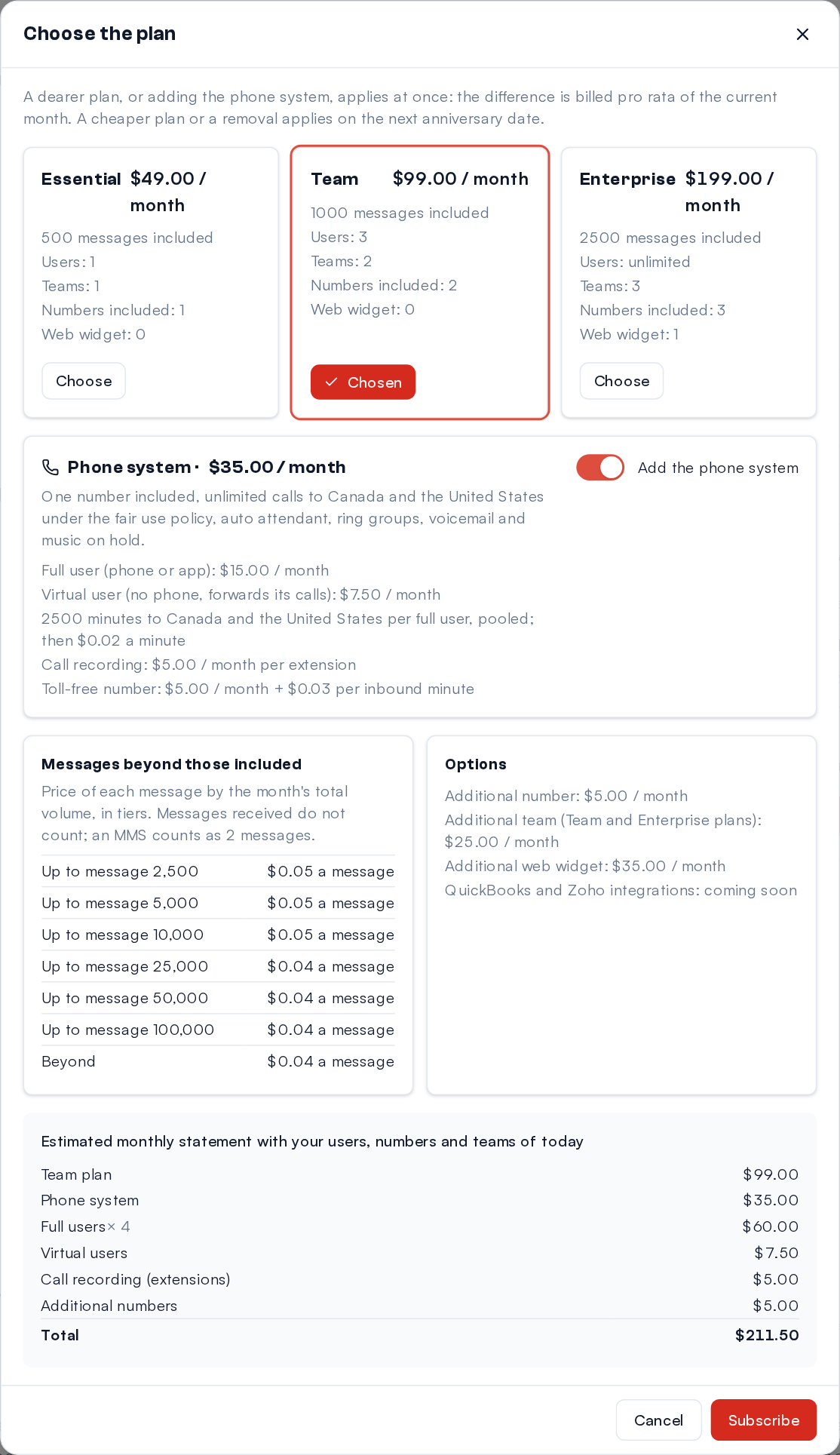"Choose the plan": the Team plan and the phone system ticked, and at the bottom the estimated monthly statement with the users, numbers and teams of today.