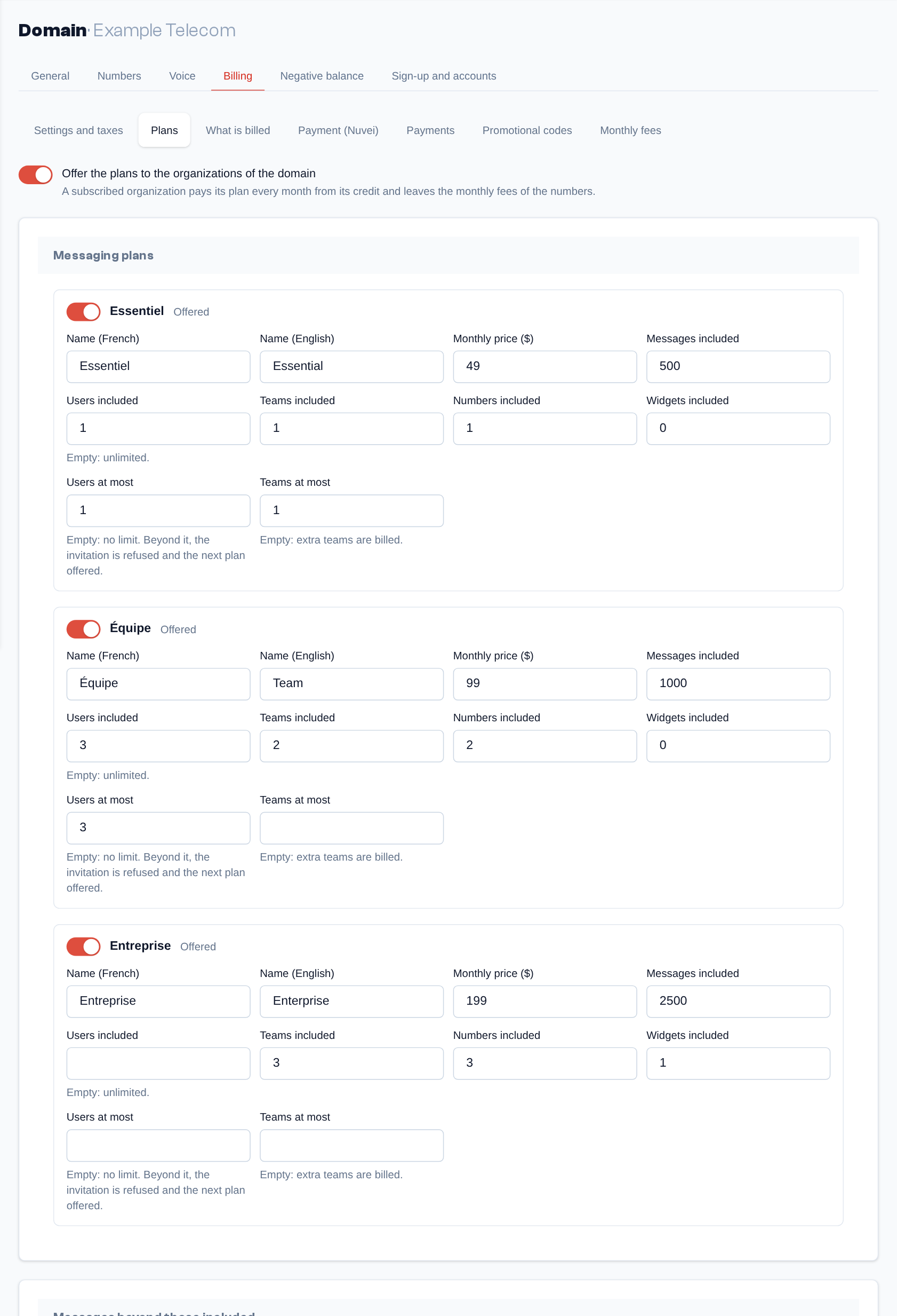 Domain page, Billing → Plans: the switch that offers the plans, then the price, inclusions and maximums of each messaging plan.