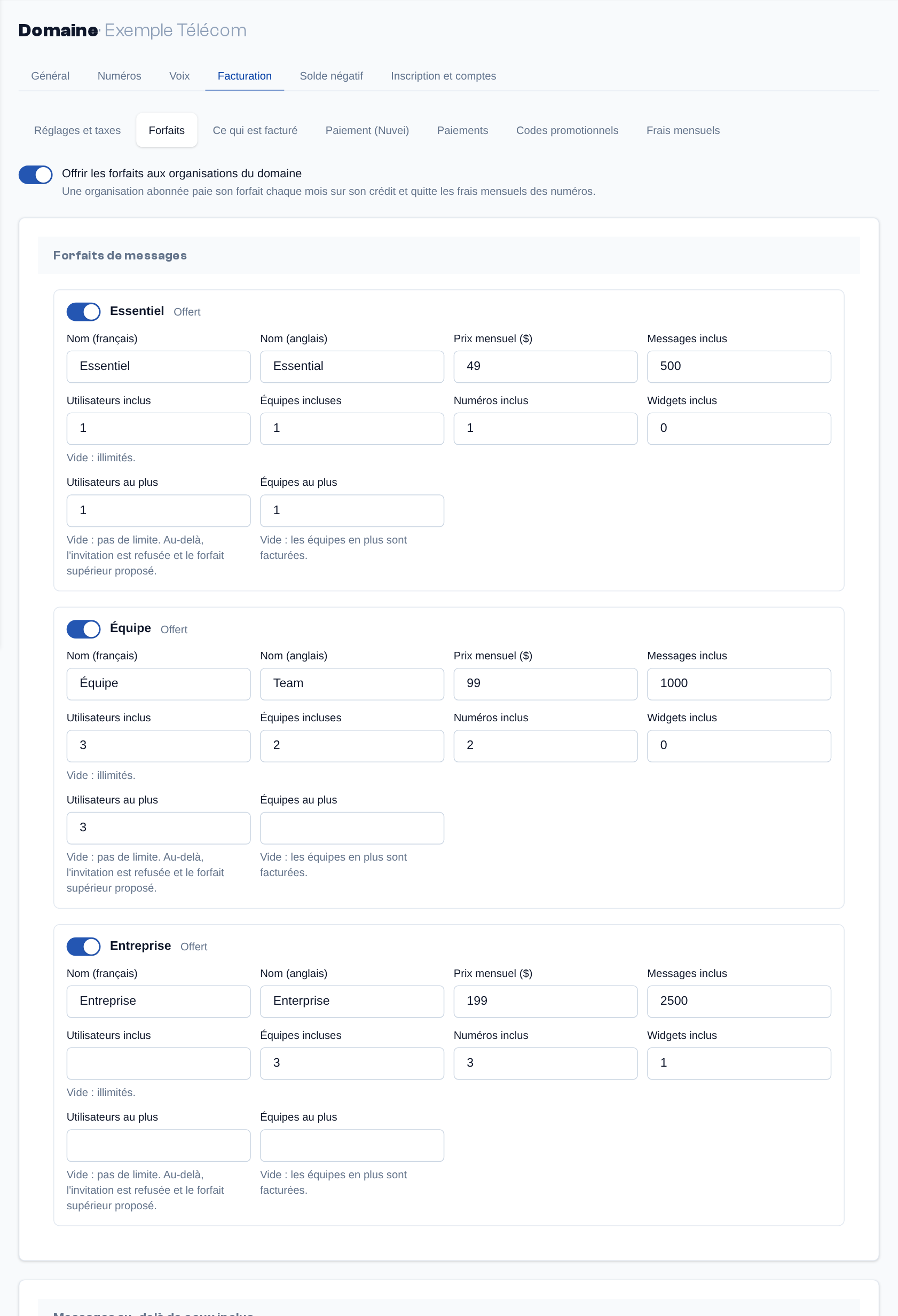 Page Domaine, Facturation → Forfaits : l'interrupteur qui offre les forfaits, puis le prix, les inclusions et les maximums de chaque forfait de messages.