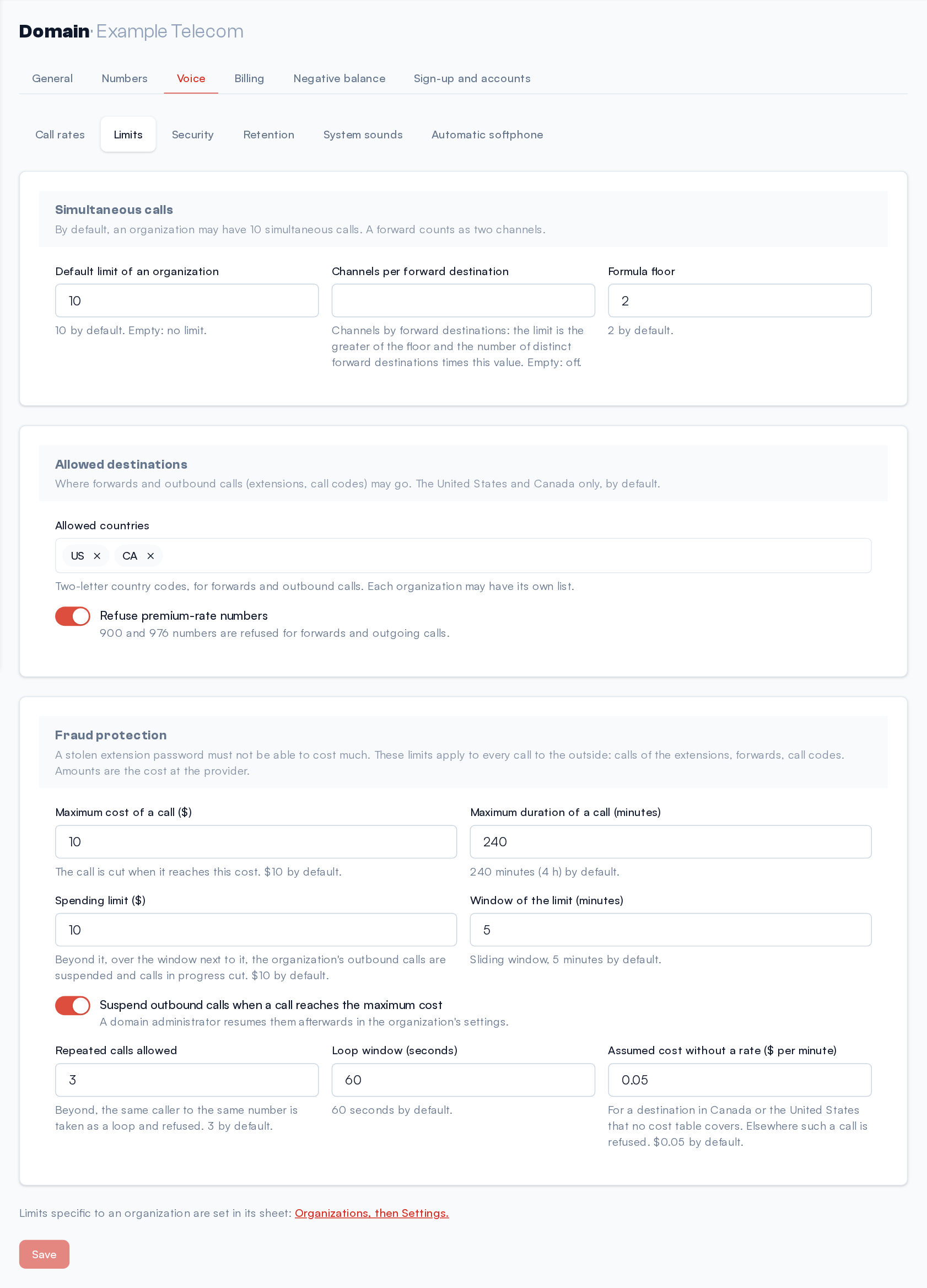 Domain page, Voice → Limits: simultaneous calls, allowed destinations and fraud protection, with the default values under each field.