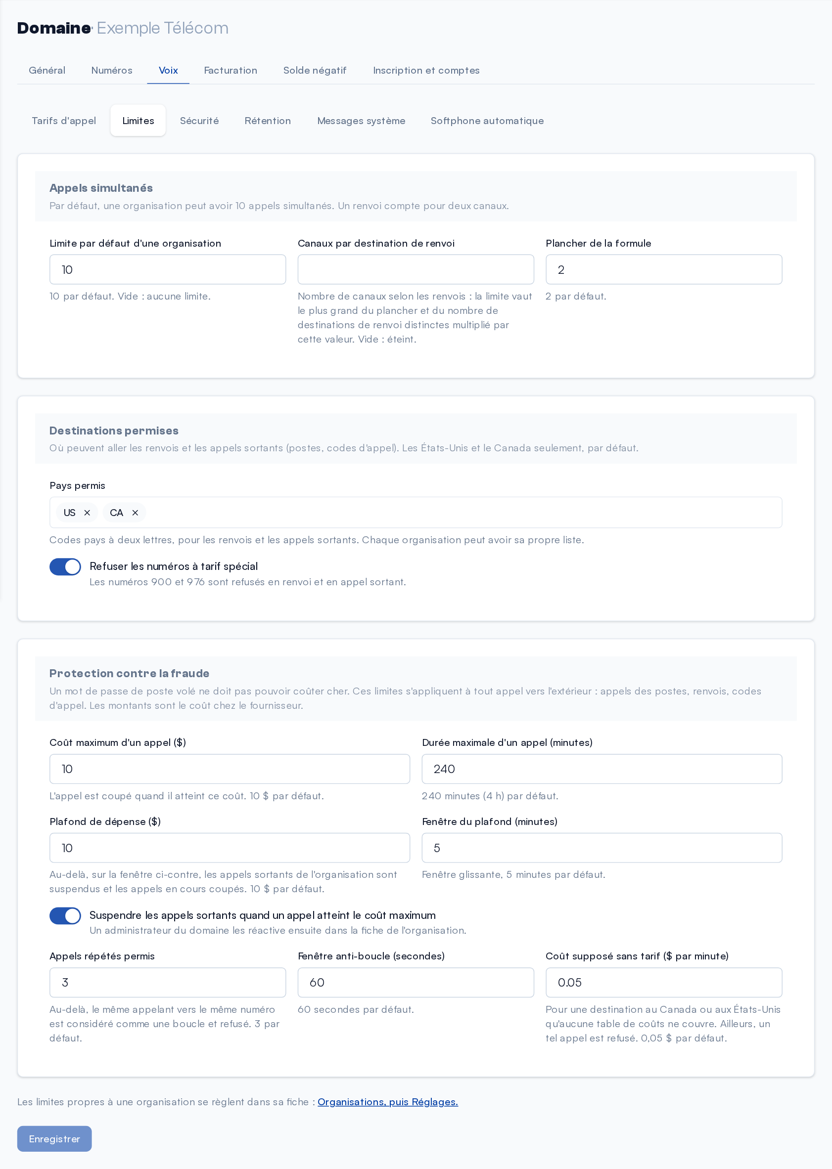 Page Domaine, Voix → Limites : appels simultanés, destinations permises et protection contre la fraude, avec les valeurs par défaut sous chaque champ.