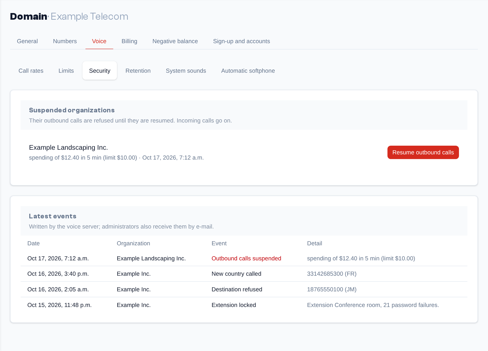 Domain page, Voice → Security: the suspended organizations with "Resume outbound calls", then the latest security events.