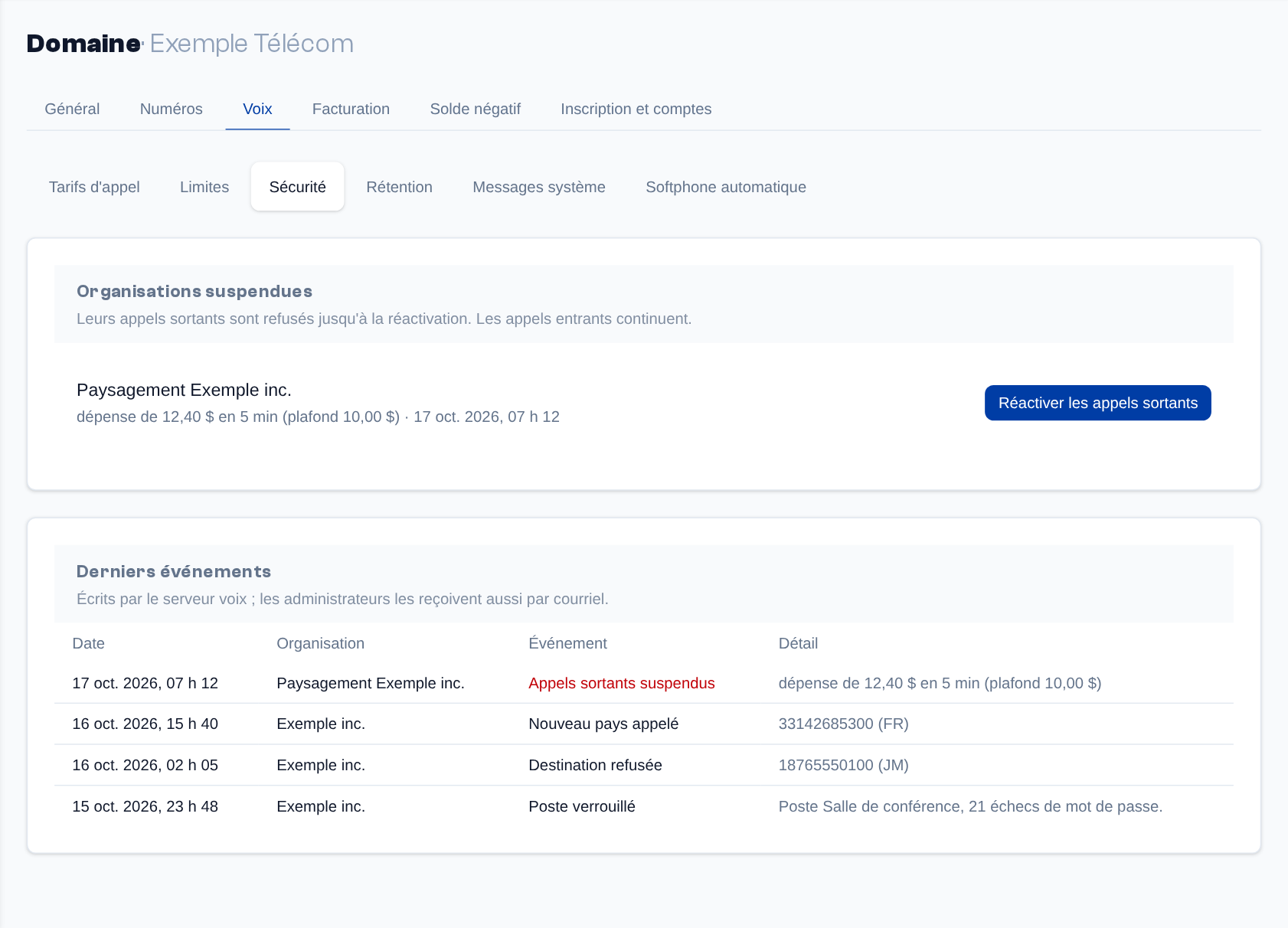 Page Domaine, Voix → Sécurité : les organisations suspendues avec « Réactiver les appels sortants », puis les derniers événements de sécurité.