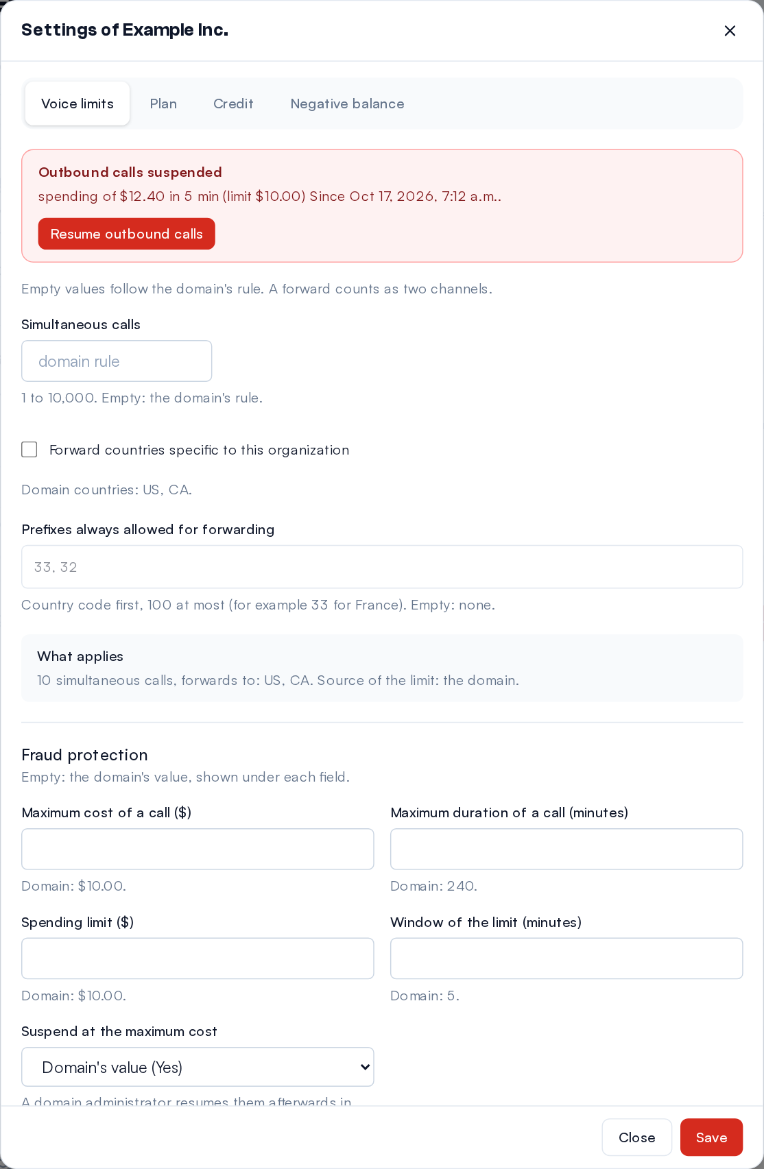 "Voice limits, plan, credit and grace" of a suspended organization: the reason of the suspension, "Resume outbound calls", its own limits and its fraud protection.