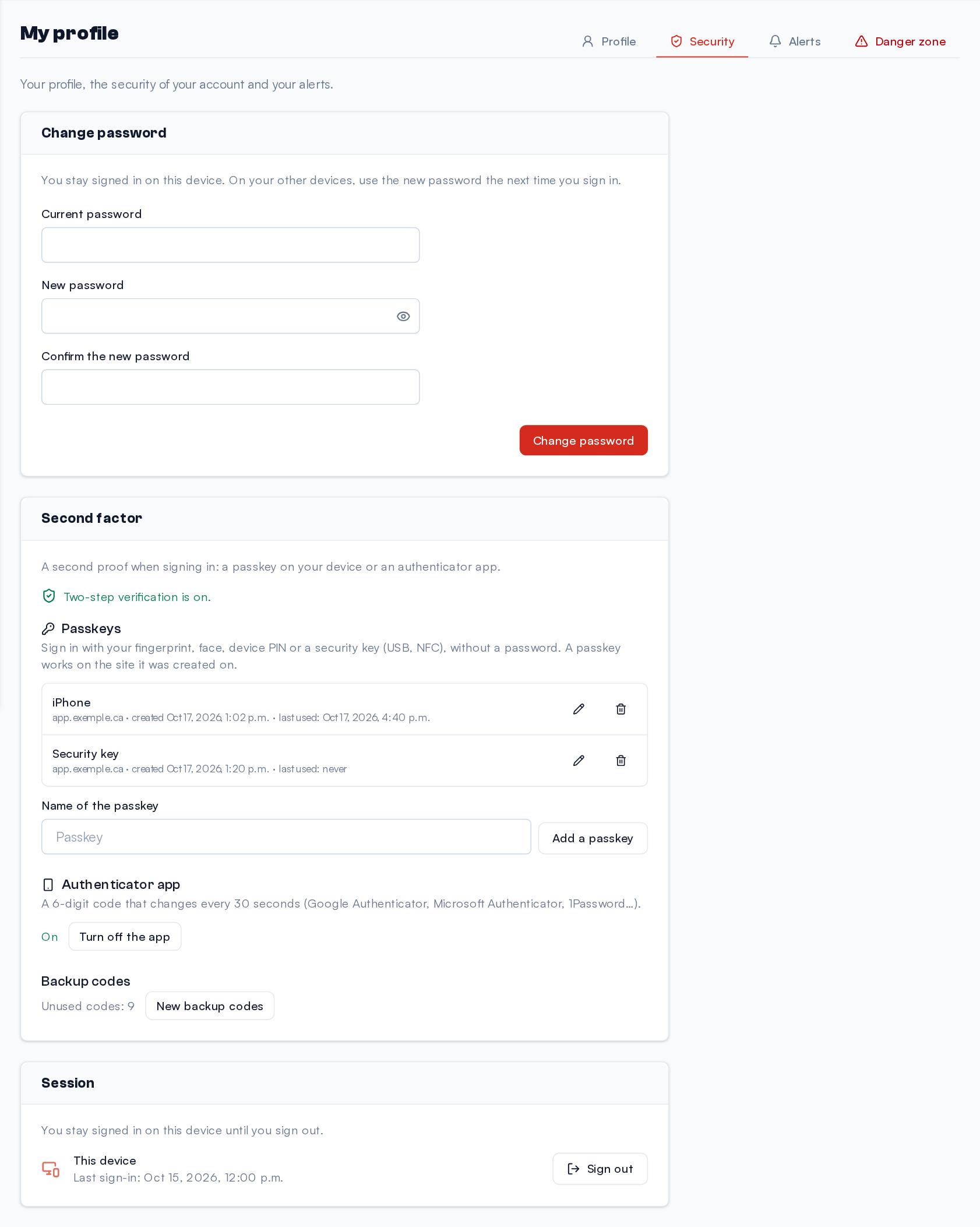 The Security tab of the profile: the "Second factor" card with two passkeys, the authenticator app enabled and the backup codes.