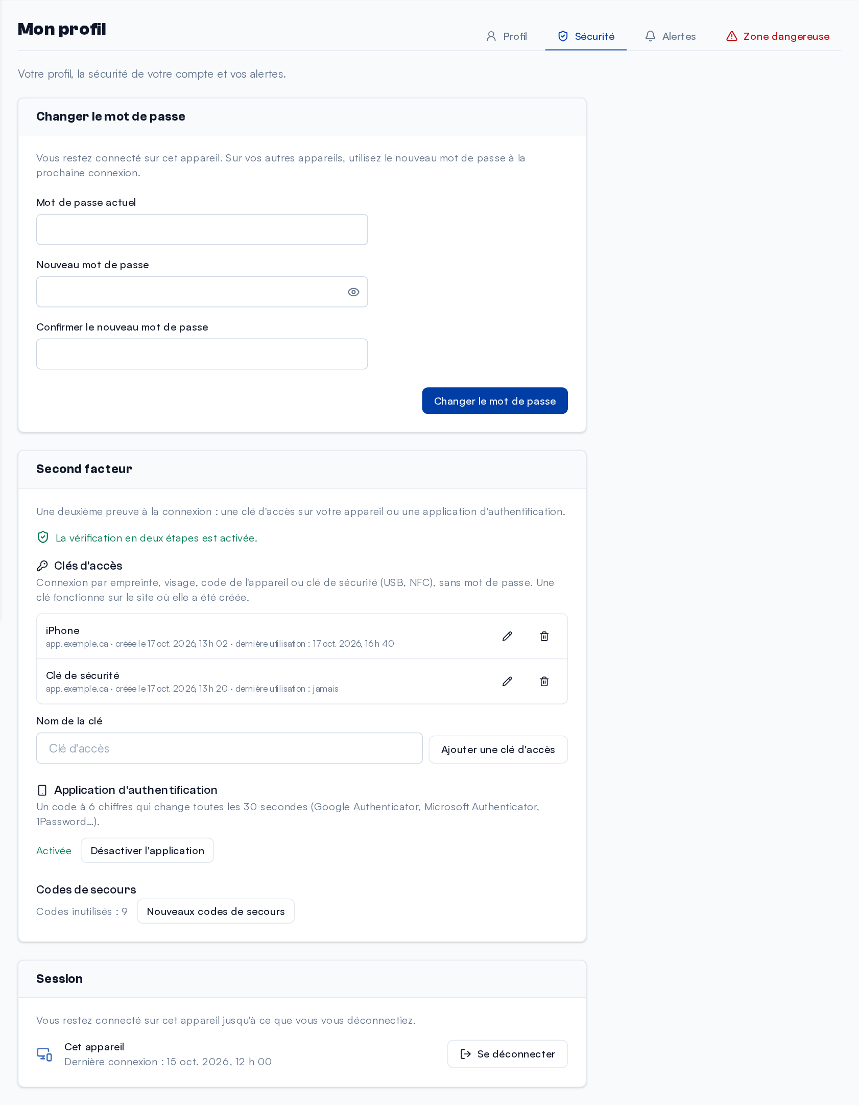 L'onglet Sécurité du profil : la carte « Second facteur » avec deux clés d'accès, l'application d'authentification activée et les codes de secours.
