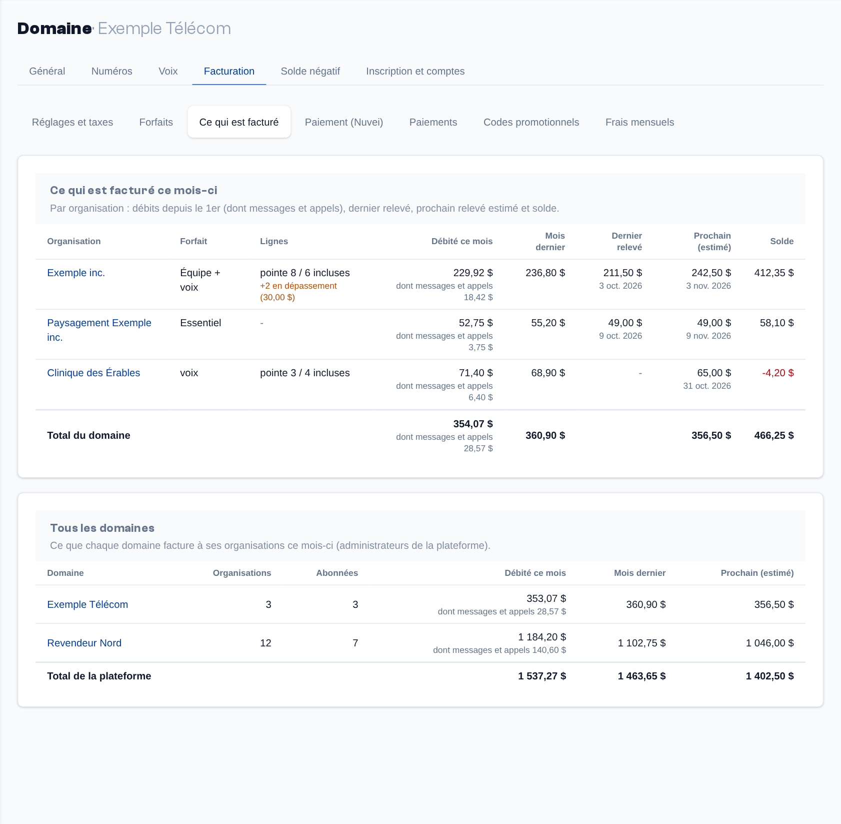 Page Domaine, Facturation → Ce qui est facturé : une ligne par organisation et le total du domaine ; en dessous, pour l'administrateur de la plateforme, tous les domaines.