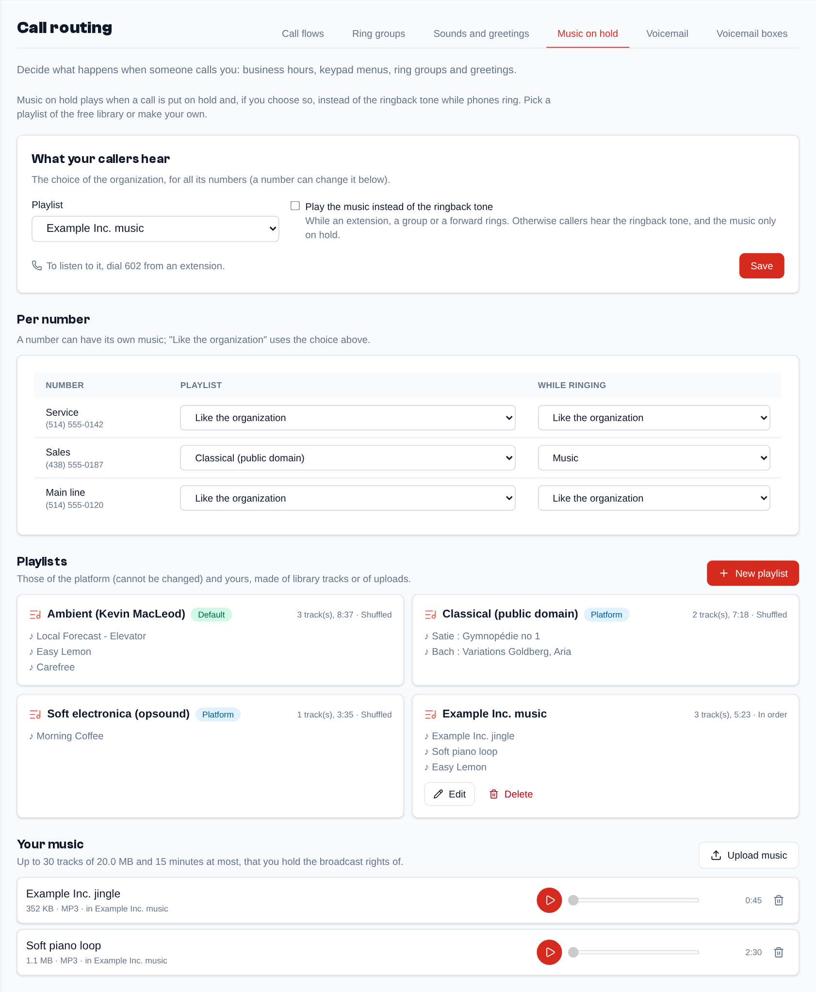 The Music on hold tab: the organization's playlist, the choices per number, the platform's playlists and yours, then your music.
