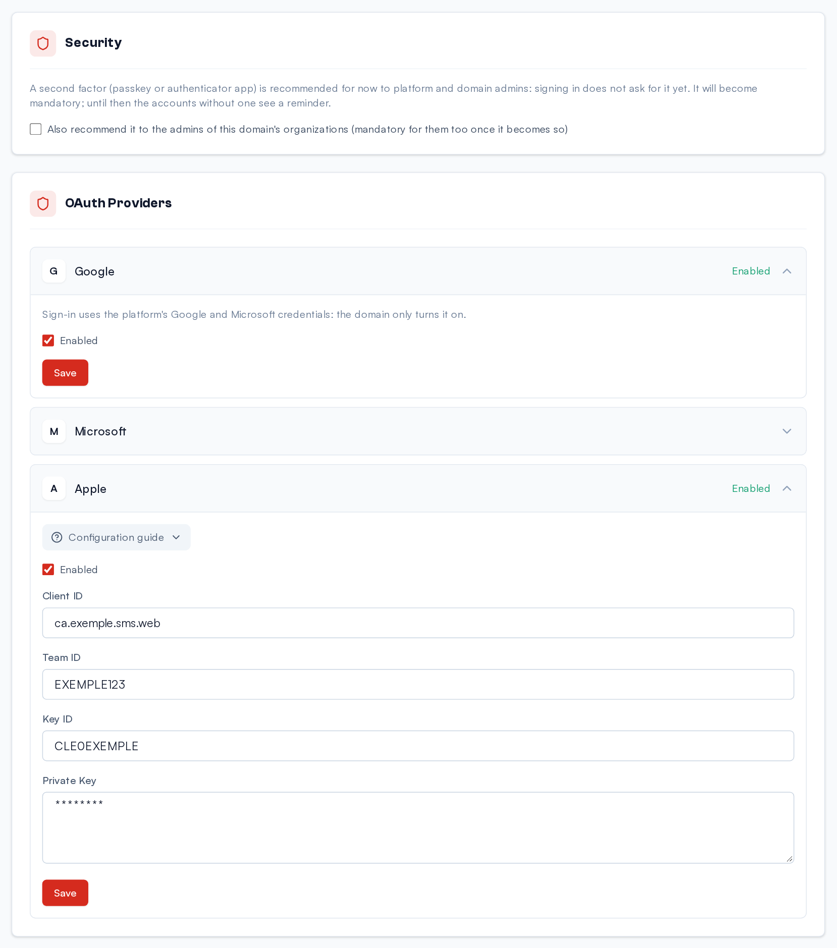 The Domain page, General tab, as the super admin sees it: the Security section (second factor of the organizations' admins), then the OAuth providers: Google opened (one box, it uses the platform's credentials), Apple opened (secrets stay masked).