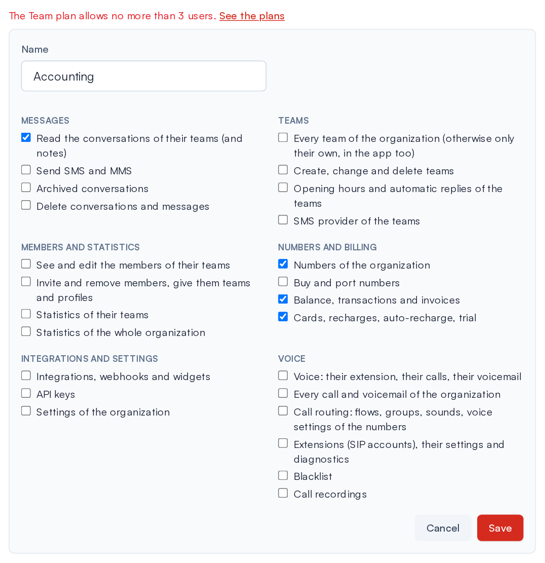 Adding "Read the conversations of their teams" to a profile members hold while the plan is full: the change is refused, with a link to the plans.