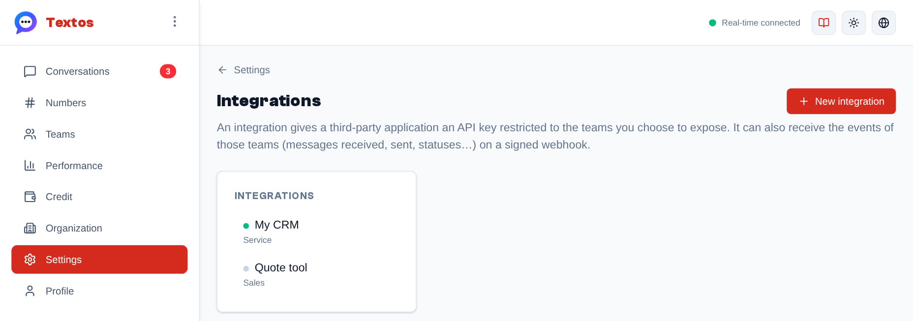 Settings → Integrations: the organization's integrations and the teams they expose (green dot = enabled, grey = disabled).