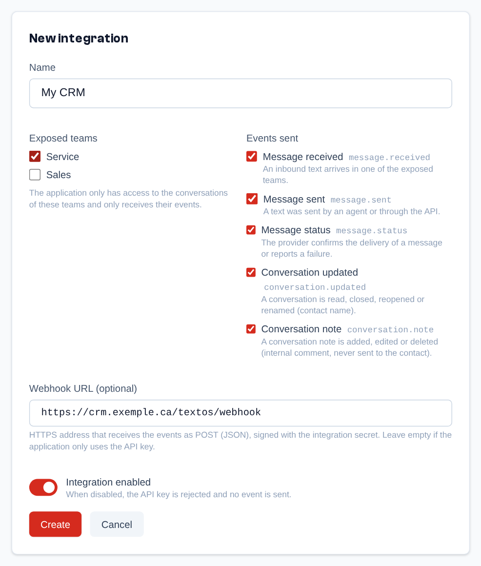Creating an integration: name, exposed teams, events sent, webhook URL and enabled switch.