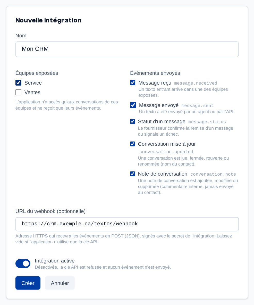 Création d'une intégration : nom, équipes exposées, événements envoyés, URL du webhook et activation.