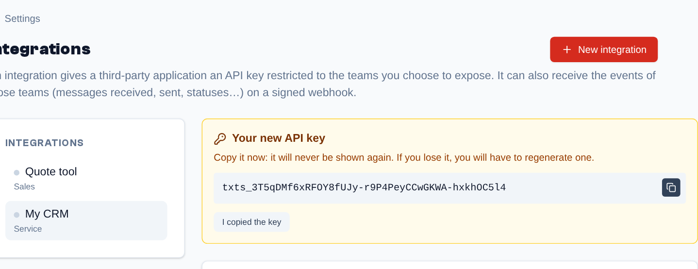 The API key is shown only once, right after creation: copy it before dismissing the box.