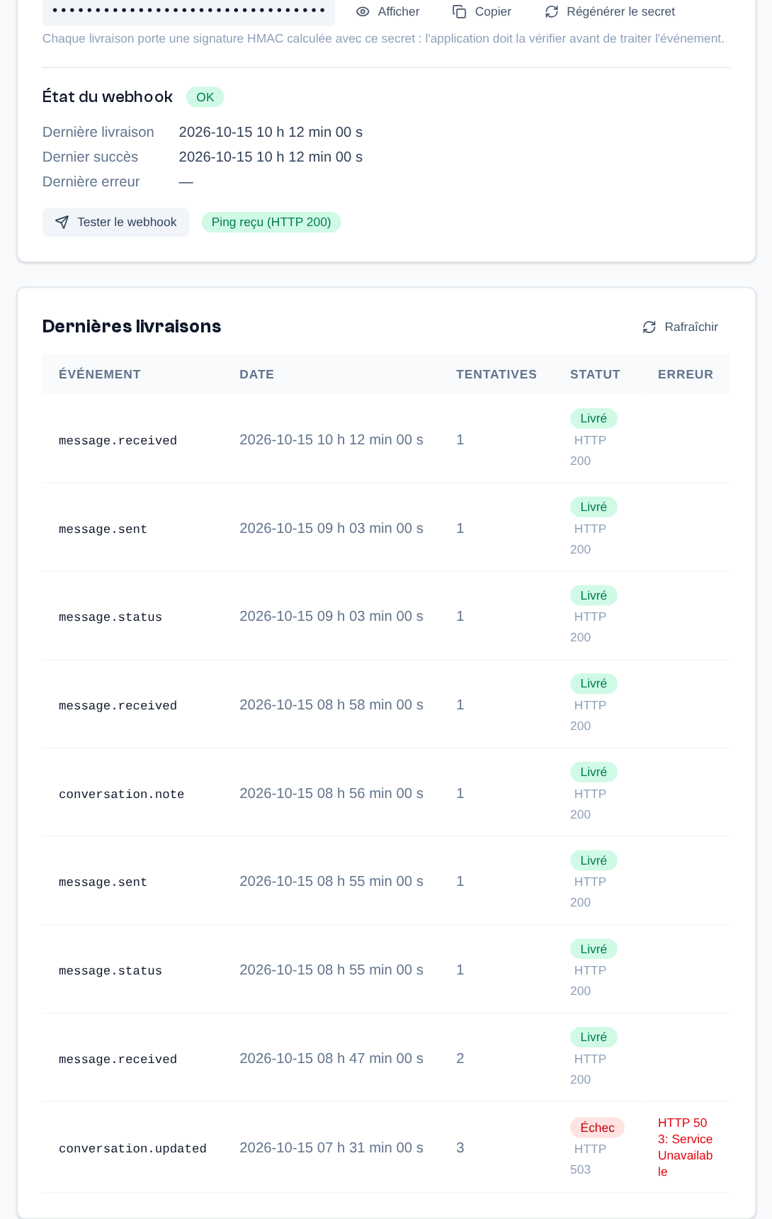Le webhook : secret de signature masqué, état, résultat de « Tester le webhook » et journal des dernières livraisons.