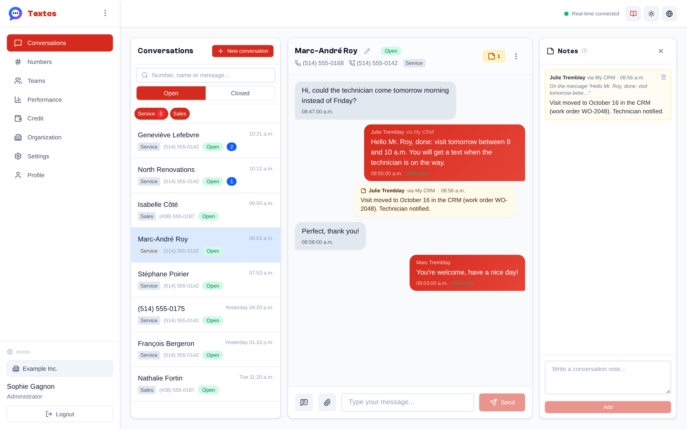 A message sent from the CRM on behalf of Julie Tremblay (“Julie Tremblay via My CRM”) and a conversation note written through the same integration, in the thread and in the Notes panel.