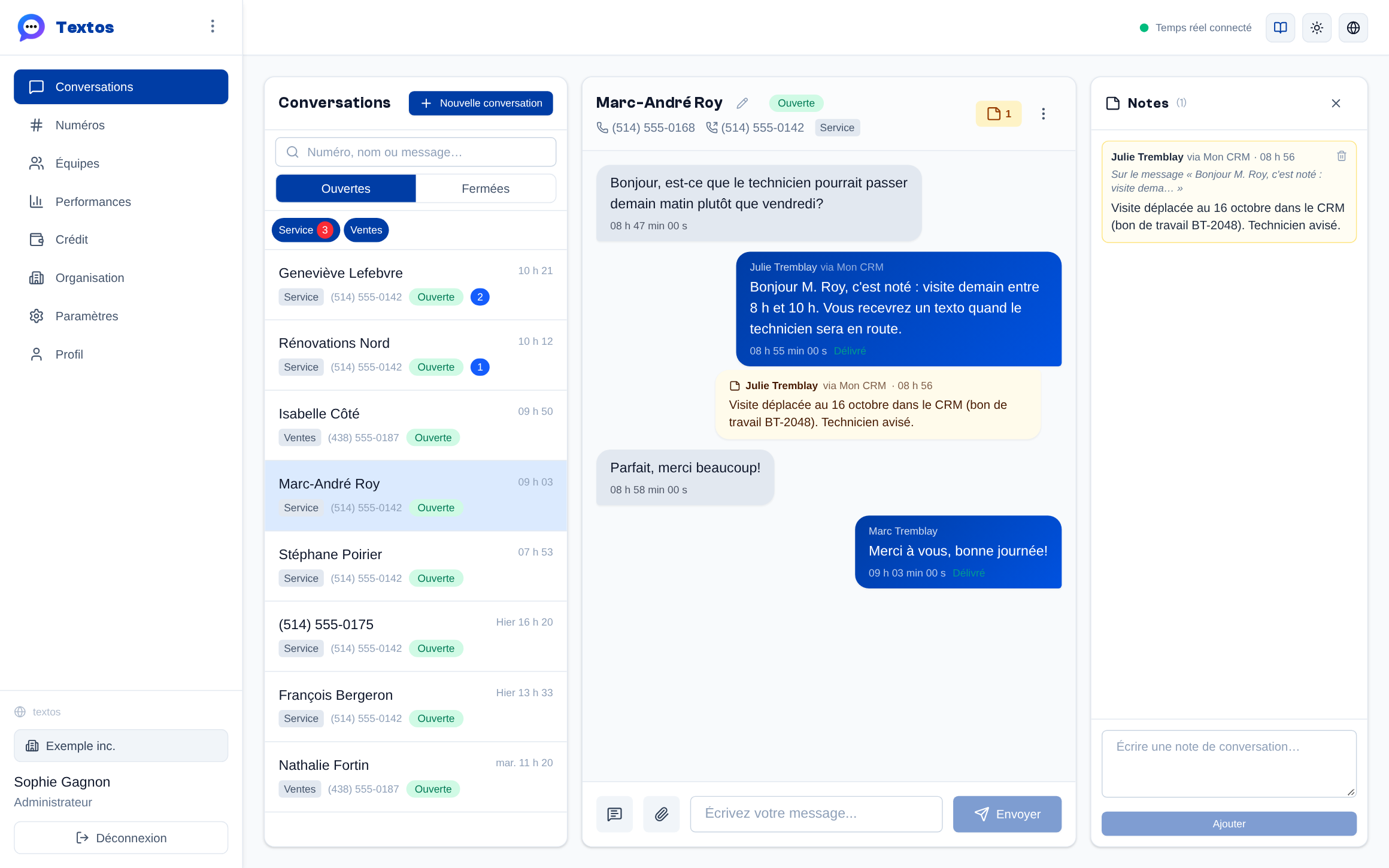 Un message envoyé depuis le CRM au nom de Julie Tremblay (« Julie Tremblay via Mon CRM ») et une note de conversation écrite par la même intégration, dans le fil et dans le panneau Notes.